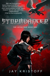 Cover of "Stormdancer," featuring a girl with long black hair dressed in black drawing a sword, with a half-tiger, half-eagle creature in the background