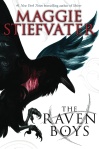 Cover of "The Raven Boys," featuring the silhouette of a raven with blue wing tips and a glowing red heart