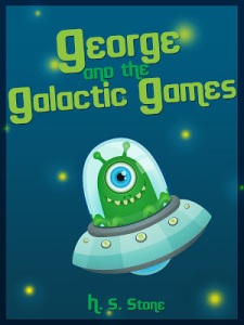 Cover of "George and the Galactic Games," featuring a green cartoon alien in a small spaceship
