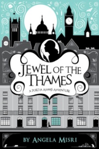 Cover of "Jewel of the Thames," featuring art of an apartment building with the silhouette of a person holding a magnifying glass above the title text