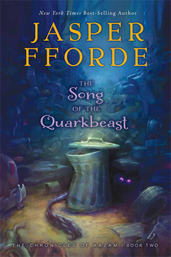 Cover of "The Song of the Quarkbeast," featuring a garbage-filled alley with a creature with glowing purple eyes hiding behind a trash can
