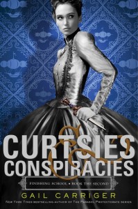 Cover of "Curtsies and Conspiracies," featuring a girl in a gray dress with a full skirt holding a knife in one hand