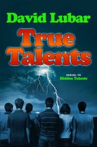 Cover of "True Talents," featuring six boys of varying heights and hair lengths with their back to the viewer, staring at a bolt of lightning in the distance