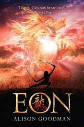 Cover of "Eon," featuring the silhouette of a person with swords; behind them is a sunset sky with a Chinese dragon in the clouds