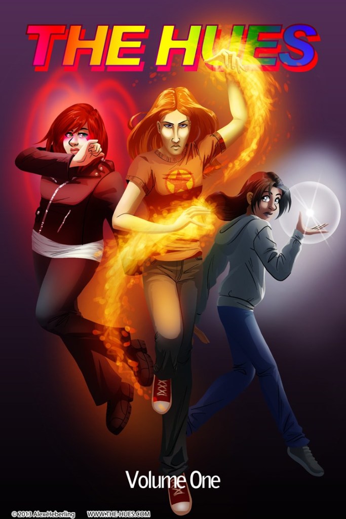 Panel from The Hues, featuring a chubby red-haired girl with red magic surrounding her head, a thin orange-haired girl wielding orange-yellow fire in both hands, and an Indian girl holding a ball of glowing white light