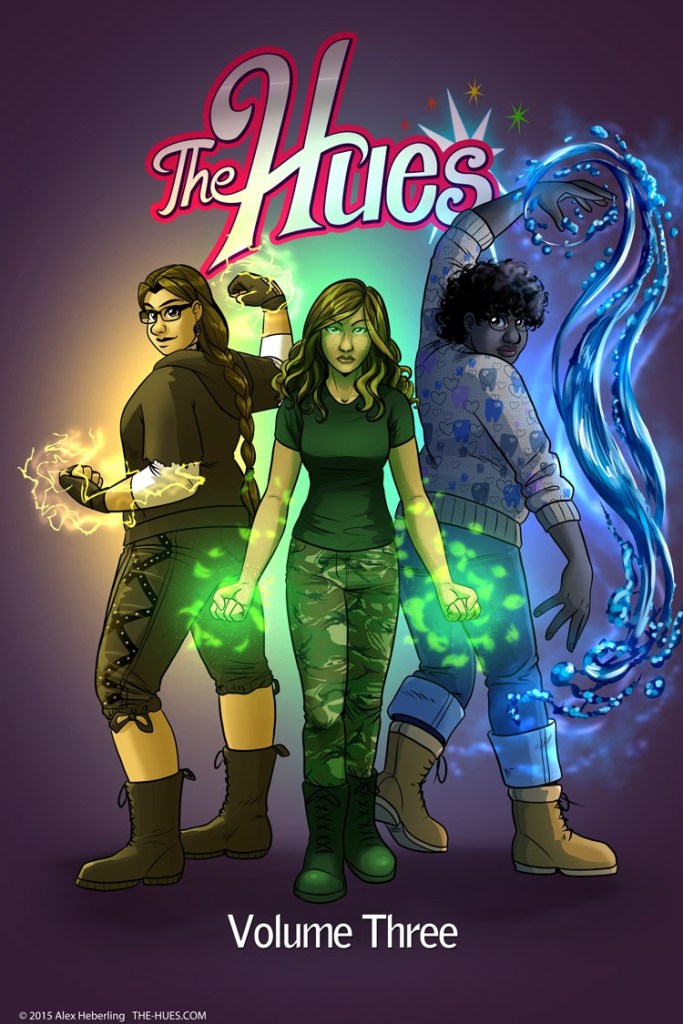 Panel from The Hues, featuring a fat girl with long brown hair and electricity around her hands, a light-skinned brown girl with green light around her hands, and a dark-skinned black girl holding a stream of water in the air