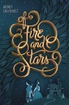 Cover of "Of Fire and Stars," featuring silhouettes of two princesses on a blue background with gold calligraphy text