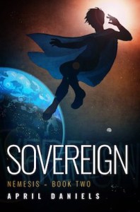 Cover of "Sovereign," featuring a silhouette of a short-haired female supherhero hovering in space with the earth in the background