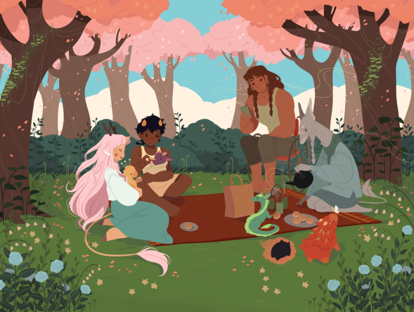 Four characters (two girls, a man in a wheelchair, and a goat-like man) having a picnic with tiny dragons