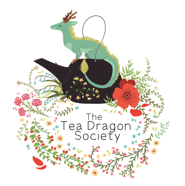 Cover of The Tea Dragon Society, featuring a small green dragon sitting on a teapot surrounded by flowers
