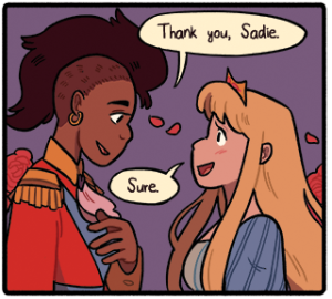 Image of a black princess in military dress saying "Thank you, Sadie," and a white princess with long blond hair saying, "Sure."