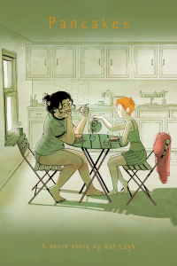 Cover of SuperCakes chapter labeled "Pancakes," featuring a half-Japanese girl and a redheaded white girl sitting at a table in a kitchen eating pancakes