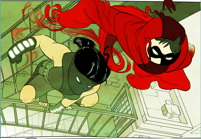 Image of a girl in green with a green mask crouched on a fire escape with a girl in red who is partially made of mist flying above her