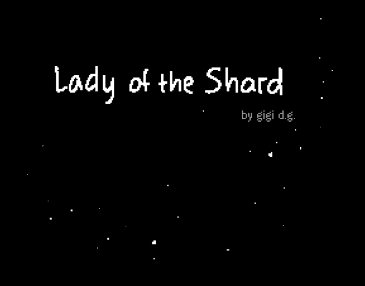 Cover of "Lady of the Shard," featuring white text on a black background with white dots of varying sizes that look like stars in the night sky.