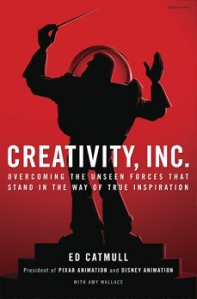 Cover of "Creativity, Inc.," featuring the silhouette of Buzz Lightyear holding a conductor's baton on a red background