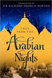 Cover of "Tales from the Arabian Nights," featuring the golden silhouette of Arabic-looking buildings against a dark blue starry background