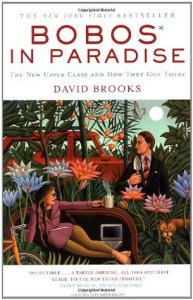 Cover of "Bobos in Paradise," featuring a long-haired woman holding a coffee cup and sitting next to a laptop and a man in a suit holding a gardening trowel surrounded by trees and large flowers