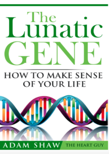 Cover of "The Lunatic Gene," featuring the title in green text above a multi-colored double helix DNA strand