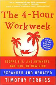 Cover of "The 4-Hour Workweek," featuring the pink silhouette of a person in a hammock between two palm trees on a pale orange background