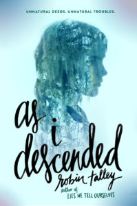 Cover of "As I Descended," featuring the dark blue silhouette of a girl's head and shoulders on a light blue background with the title in a cursive script