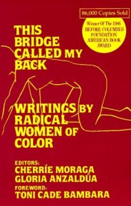 Cover of "This Bridge Called My Back," featuring the yellow outline of a figure with breasts on their hands and knees on a red background.