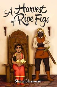 Cover of "A Harvest of Ripe Figs," featuring a brown-skinned woman nursing a baby sitting on a throne with a blond-haired warrior wearing a mask standing beside the throne