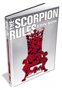 Cover of "The Scorpion Rules," featuring a gray background with a throne covered in a pattern of red and black scorpions