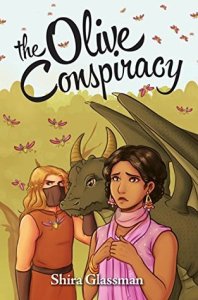 Cover of "The Olive Conspiracy," featuring a girl with dark brown hair and light brown skin in a purple dress looking concerned. Behind her is a blond warrior wearing a mask and a green dragon; flying above them are many large insects.