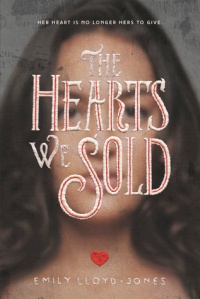 Cover of "The Hearts We Sold," featuring an out-of-focus photo of a person with tan skin and long, medium brown hair. The title is in front of their face, and the letters look like they are embroidered in white and red thread.