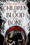 Cover of "Children of Blood and Bone," featuring a dark-skinned person with wavy white hair and silver eyes wearing a red headband