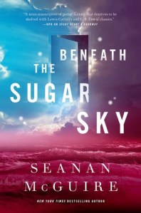Cover of "Beneath the Sugar Sky," featuring a door opening up in a pink and blue sky.