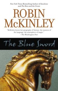 Cover of "The Blue Sword," featuring the author's name and book title in large text, and below that a photograph of the head of a bronze horse statue.