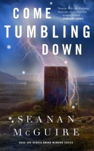 Cover of "Come Tumbling Down," featuring a wooden door in an empty field surrounded by a bolt of lightning.