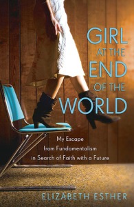 Cover of "Girl at the End of the World," featuring a thin person in a long white skirt and brown boots about to step off a chair that they are standing on.