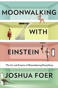 Cover of "Moonwalking with Einstein," showing four floors of a house that are empty except for a single person on each floor.