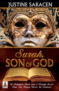 Cover of "Sarah, Son of God," featuring a marble statue in a gold masquerade mask at the top and an ornate book open on a red background on the bottom.