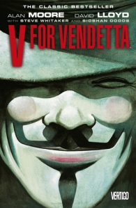 Cover of "V for Vendetta," featuring a close-up image of a smiling Guy Fawkes mask and the title in bold red text.