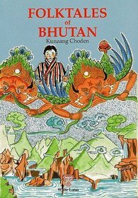 Cover of "Folktales of Bhutan," featuring an artist's rendering of a man in a striped robe sitting between two hideous demons; they are looking down from the sky at mountains and a sea below them.