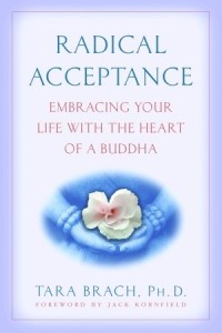 Cover of "Radical Acceptance," featuring a light purple background and a small oval image of a blue statue's folded hands with a flower held in them.