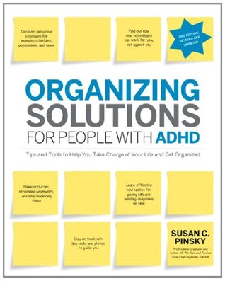 Cover of "Organizing Solutions for People with ADHD," featuring the title in blue and gray text and a white background with neat lines of yellow sticky notes.