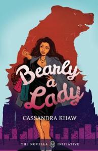 Cover of "Bearly a Lady," featuring a chubby woman with long brown hair wearing a black dress, with the silhouette of a brown bear behind her.