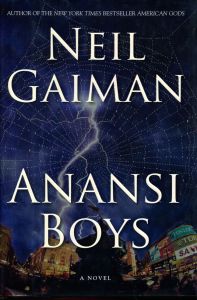 Cover of Anansi Boys, featuring a spider's web and behind it a dark sky with lightning.