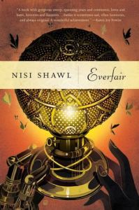 Cover of "Everfair," featuring a drawing of one dark-skinned hand and one mechanical hand reaching towards a lamp with an elaborately patterned spherical gold shade.