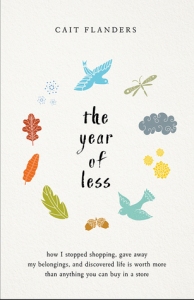 Cover of "The Year of Less," featuring the title on a cream background surrounded by drawings of nature motifs like leaves, birds, and clouds.