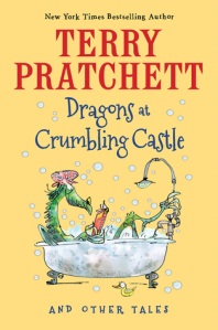 Cover of "Dragons at Crumbling Castle," featuring a drawing of a green dragon wearing a shower cap and reading a book in a bathtub full of bubbles.