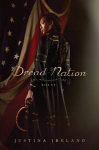Cover of Dread Nation, featuring a Black girl with braided hair wearing a green dress and holding a bloody sickle with a draped American flag behind her.
