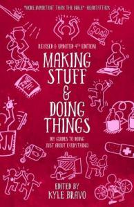 Cover of "Making Stuff and Doing Things," featuring white line sketches of objecks like a book, a bar of soap, and a bandaid on a red background.