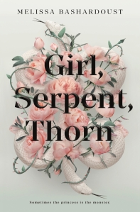 Cover of "Girl, Serpent, Thorn," featuring a rose vine with light pink roses twined around a white snake.