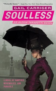 Cover of "Soulless," featuring a very thin white girl in a purple Victorian dress and a steampunk top hat holding a black umbrella.