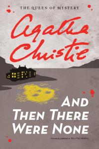 Cover of "And Then There Were None," showing an image of a dark house on an island with all the windows lit up, and its reflection in the water is in the shape of a skull.